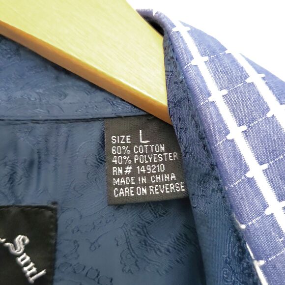 Rock Roll N Soul Shirt Men Large Blue White Button Flip Cuff Embroidered Striped - Picture 11 of 11